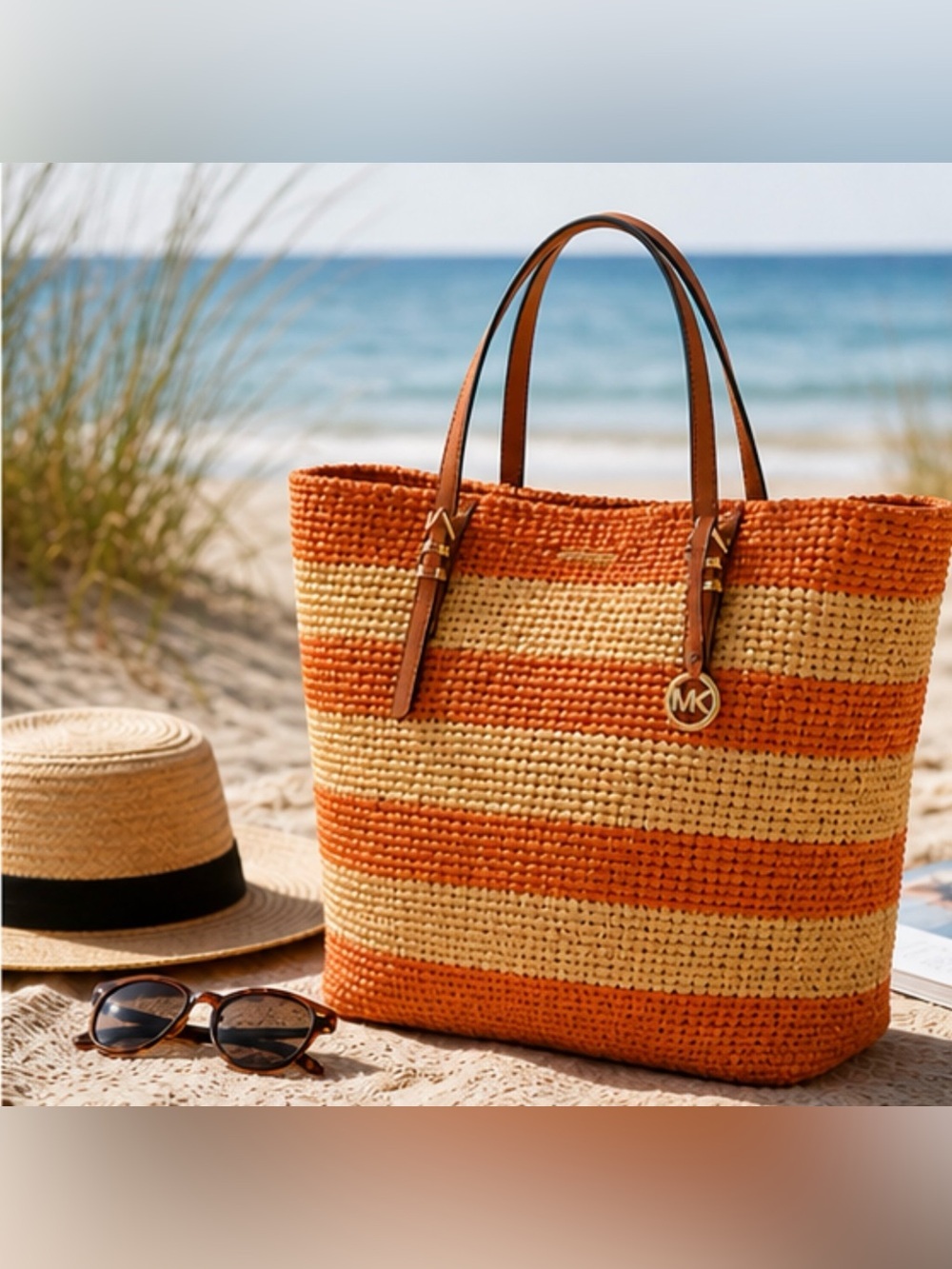 Michael Kors Quinn Straw Tote Orange Stripe Large Beach Travel  Bag Bold Coastal - Picture 5 of 10